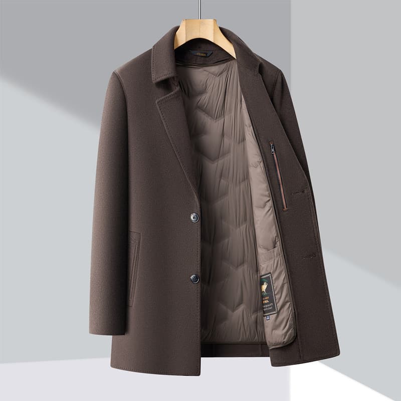 Mid-Long Double-Faced Wool Coat for Men, Autumn/Winter Business Casual with Detachable Goose Down Lining, Tweed Windbreaker