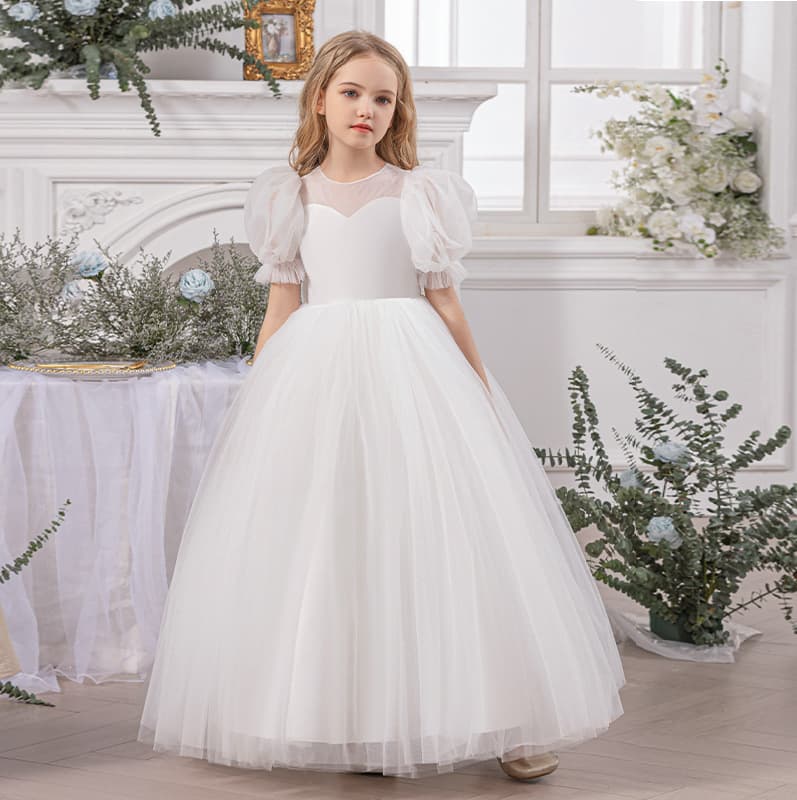 Cross-border girls long evening dress piano performance birthday party puff sleeves puff skirt flower girl wedding dress princess dress