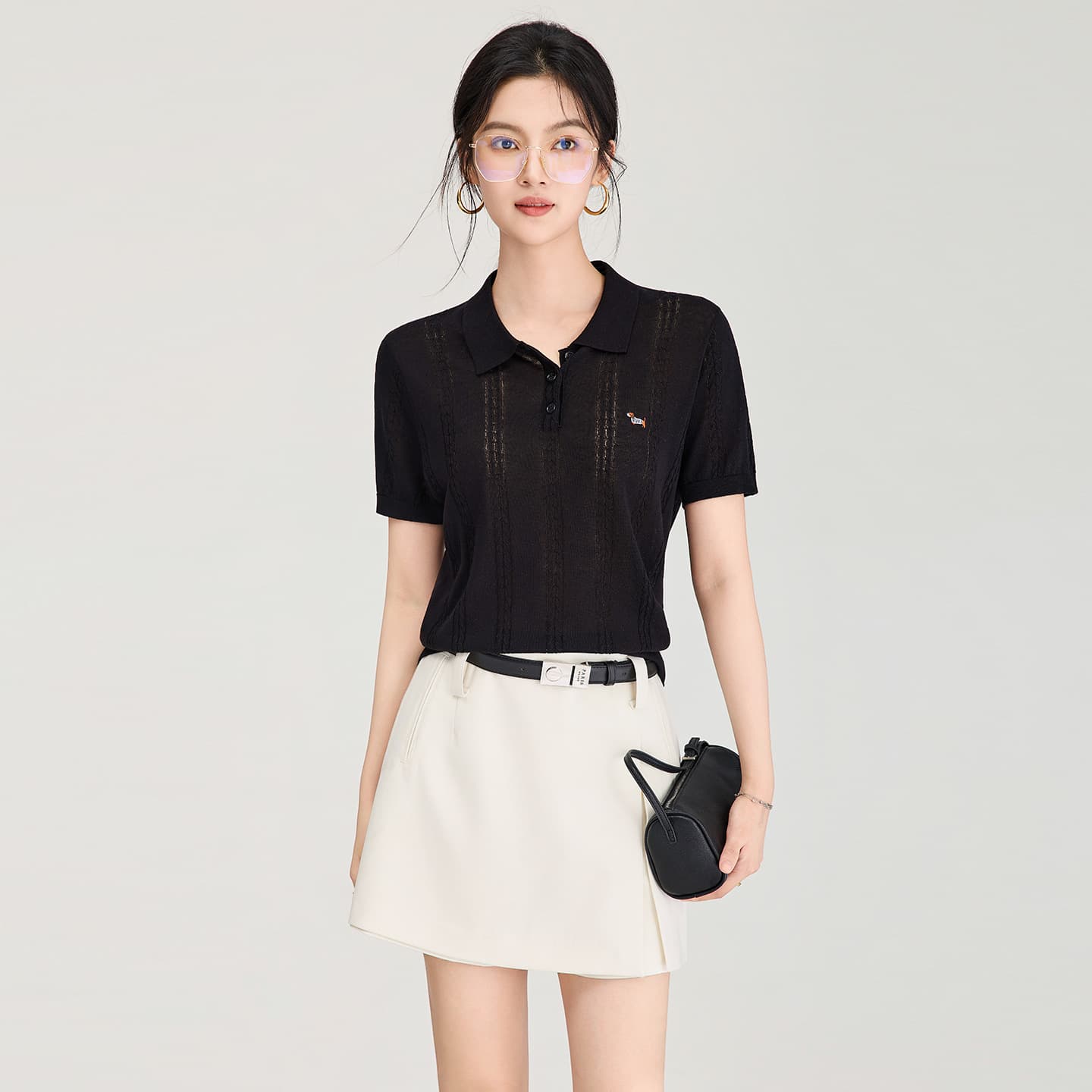 2604804-14 Needle Pick Hole Process Ultra-Fine Tencel Linen Yarn Turned Collar Short Sleeve Knit Top Women's Summer Style Nanyou
