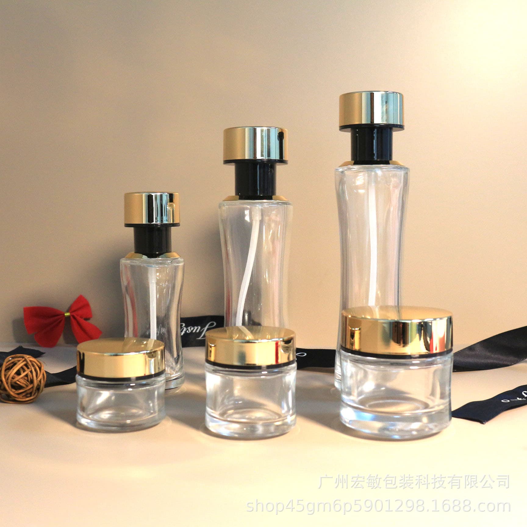 Wholesale New Slim Waist Set Glass Bottle 120ml Skincare Water 50g Cream Jar Cosmetic 40ml Lotion Bottle