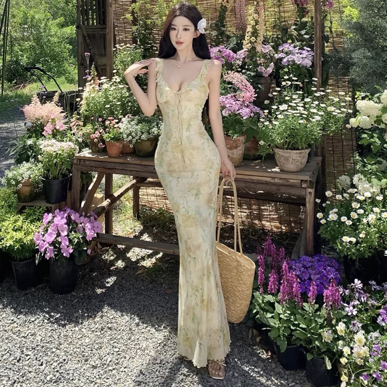 Vacation Style Sexy V-Neck Floral Print Strap Dress for Women Summer Backless Slim Fit Waist Cinching Bodycon Mermaid Long Skirt