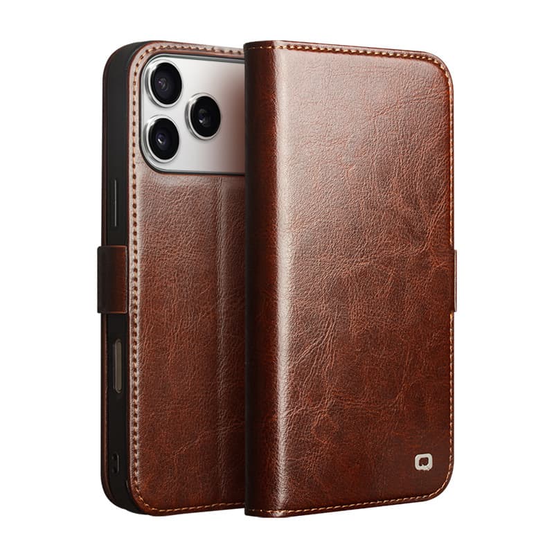 Qialishi iPhone 17 Pro Max Case Genuine Leather Apple Flip Eair Stand Protective Cover Magnetic Clasp Card Slot