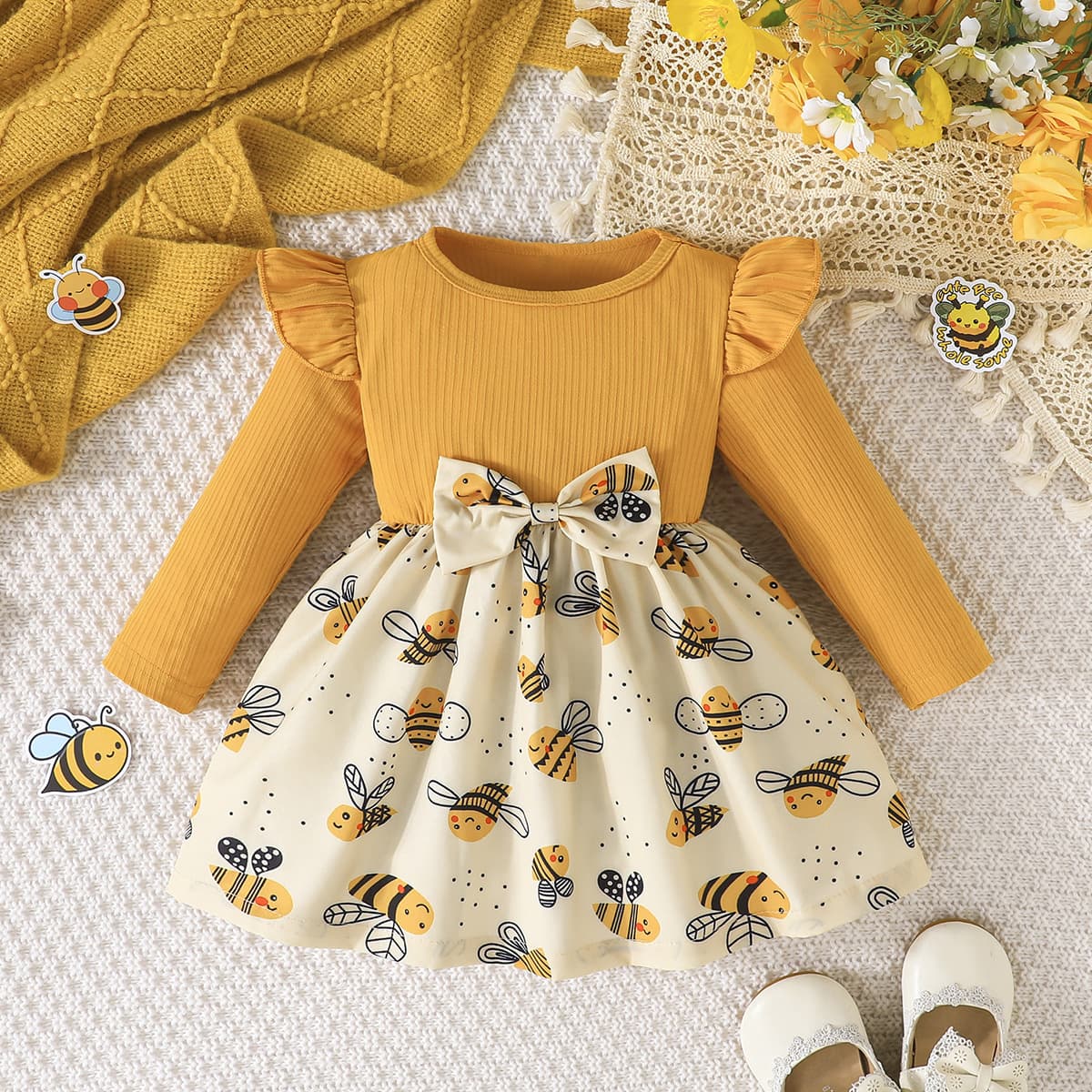 2026 Baby Long-Sleeve Dress with Bee Print and Butterfly Bow