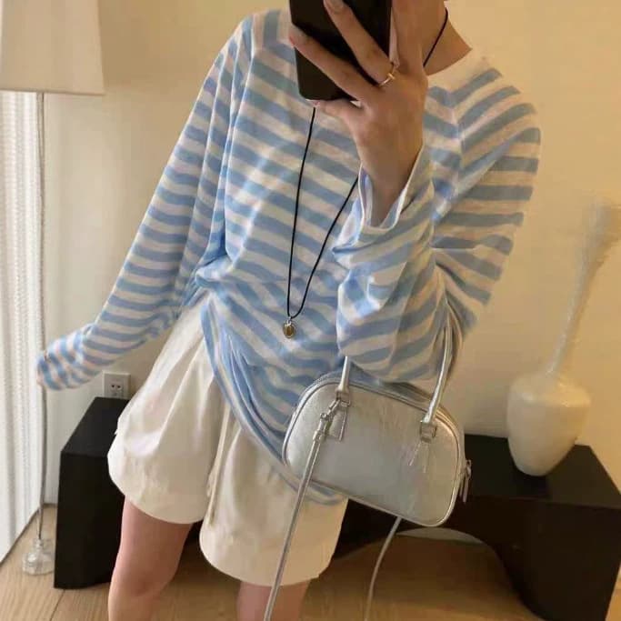 New round neck raglan sleeves loose sun protection air conditioning shirt thin striped long sleeve shirt for women