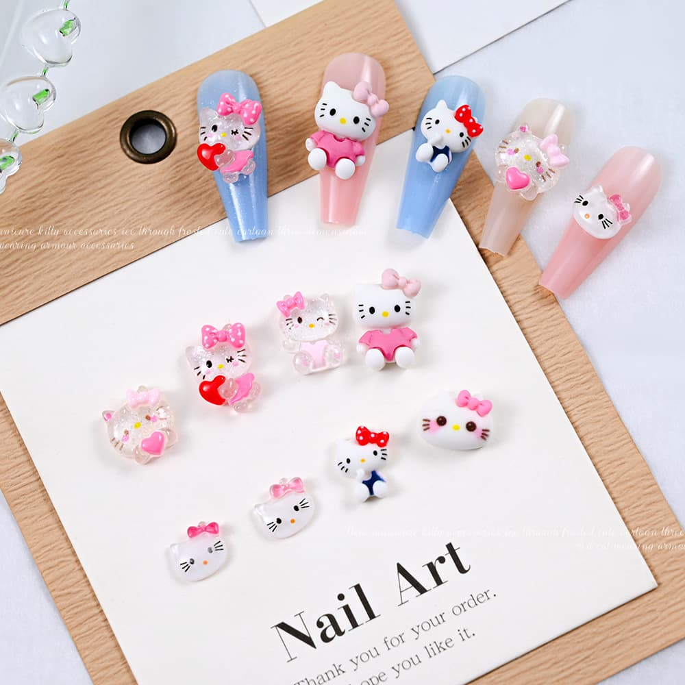 Hot-selling 10-Piece Pink Hello Kitty Nail Art Charms Cartoon Cute Bow Cat Head Resin Phone Case Nail Decoration
