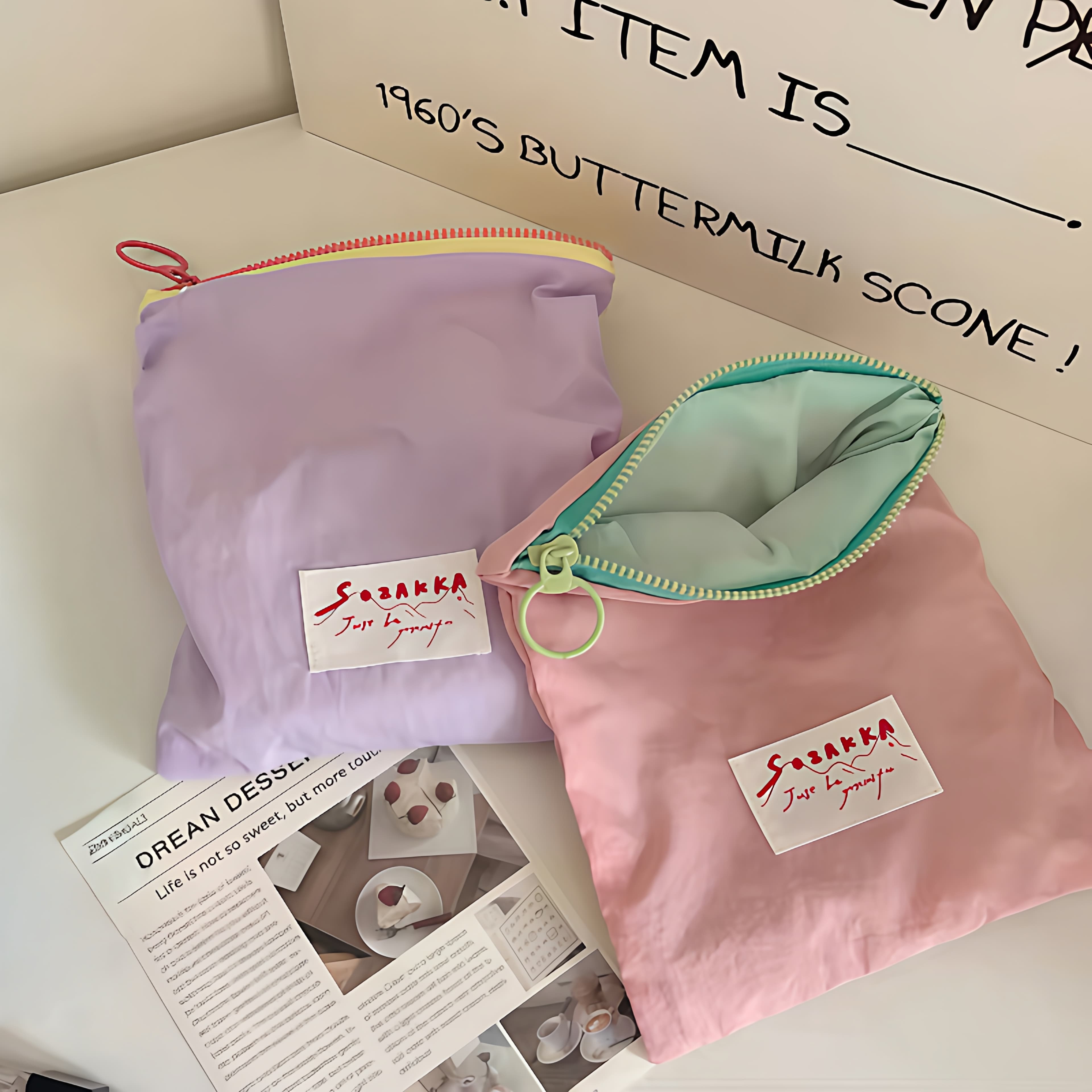 Portable Makeup Bag for Travel, Thin Style, Macaron Color-Blocking Lipstick and Cosmetics Storage Bag, High Aesthetic Value, Simple Zipper Bag