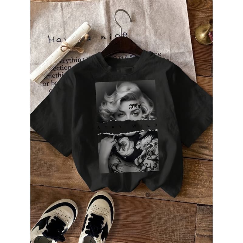 New Pure Cotton Summer American Loose Printed Plus Size Mid-Length Short-Sleeved Top Slimming Half-Sleeve