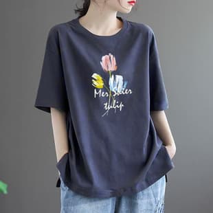 Casual Literary Short Sleeve T-Shirt Summer New Loose Versatile Fashionable Base Tee Plus Size Belly Concealing Slimming T-Shirt