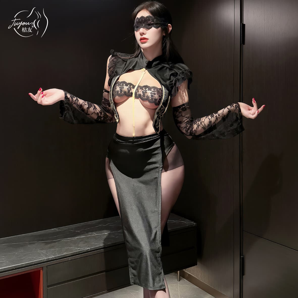 Juyou Taboo Priestess Lace Sleeve Shawl Ribbon Side High Slit T-back Bodysuit Set 9166
