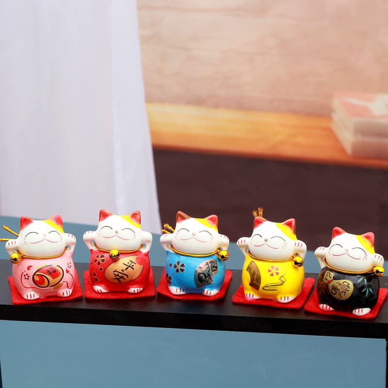 Cartoon Five Blessings Small Lucky Cat Ceramic Ornament Floral Decoration Opening Event Small Gift Car Ornament