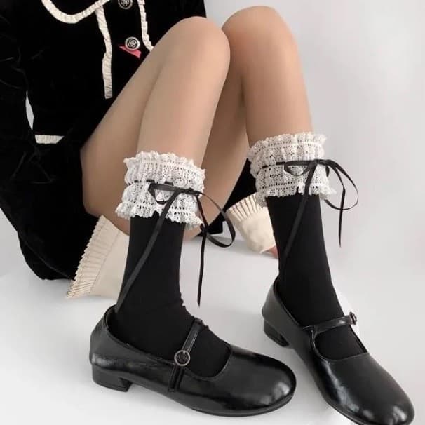 Lolita High Tube Lace Trim Socks for Women, Bow Lace Mid-Calf Socks, Thin Style, Japanese Sweet Outfit, New Women's Socks