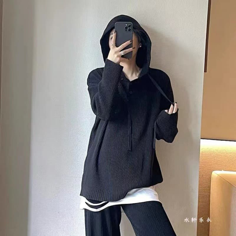 Plus Size 200lb Women's Ribbed Hooded Knit Sweater Fall Winter 2022 Loose Fit Flattering for Curvy Women