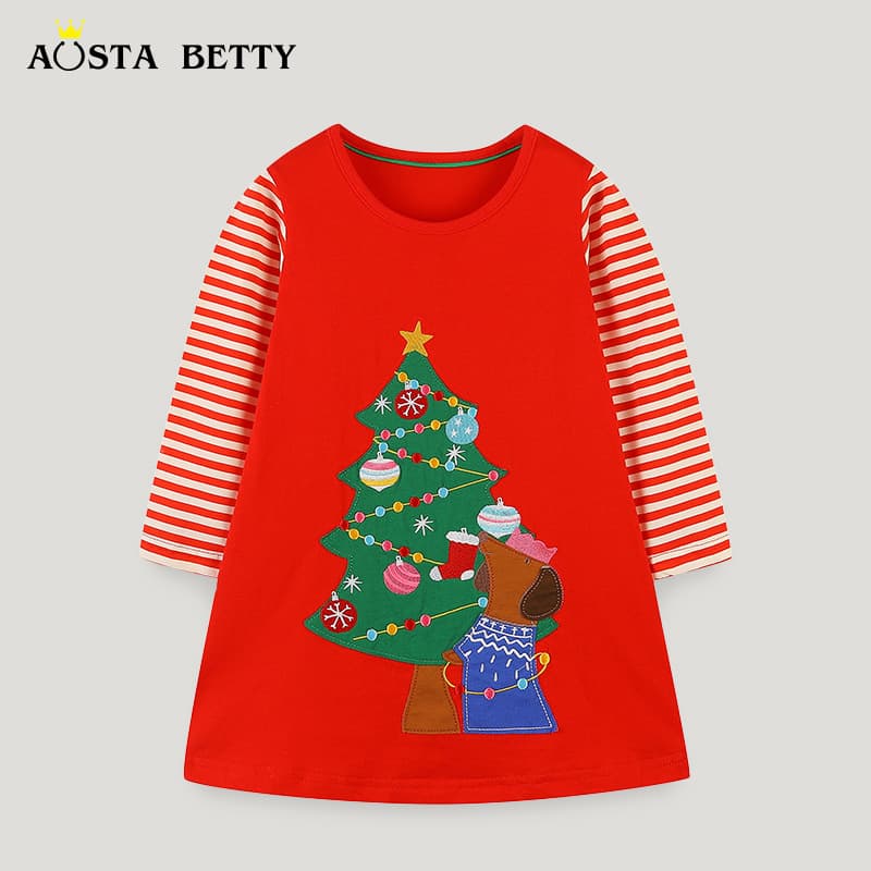 European and American Style Autumn Girls Dress Cute Christmas Tree Patchwork Skirt Small and Medium Children Baby Dress