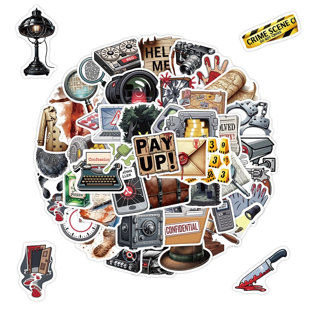 50-Piece Crime Scene Detective Doodle Stickers Waterproof Decorative Stickers for Cups and Phones Creative Detective Stickers Wholesale