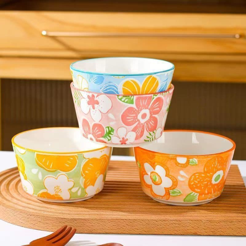 Set of 4 Dining Bowls for Home Use, 2025 New Model, Pastoral Style Bowls, Summer Floral Tableware, Family Set Rice Bowls