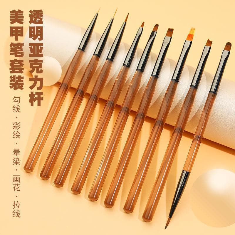 Japanese-style transparent brown manicure brush set 9 pieces painted pull line blooming flower light therapy pen manicure tool set