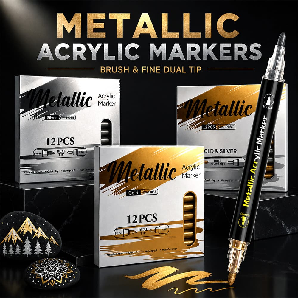 Dual-Tip Metallic Acrylic Markers, Quick-Dry Waterproof Hard Tip Highlighter Pens for Art Painting Graffiti Markers