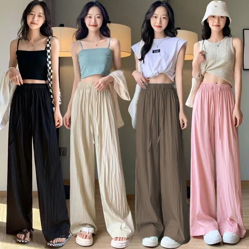 Ice Silk Wrinkled Wide-leg Pants Women's Summer Ice Silk Thin 2025 New High Waist Drape Casual Lazy Wrinkled Straight Pants