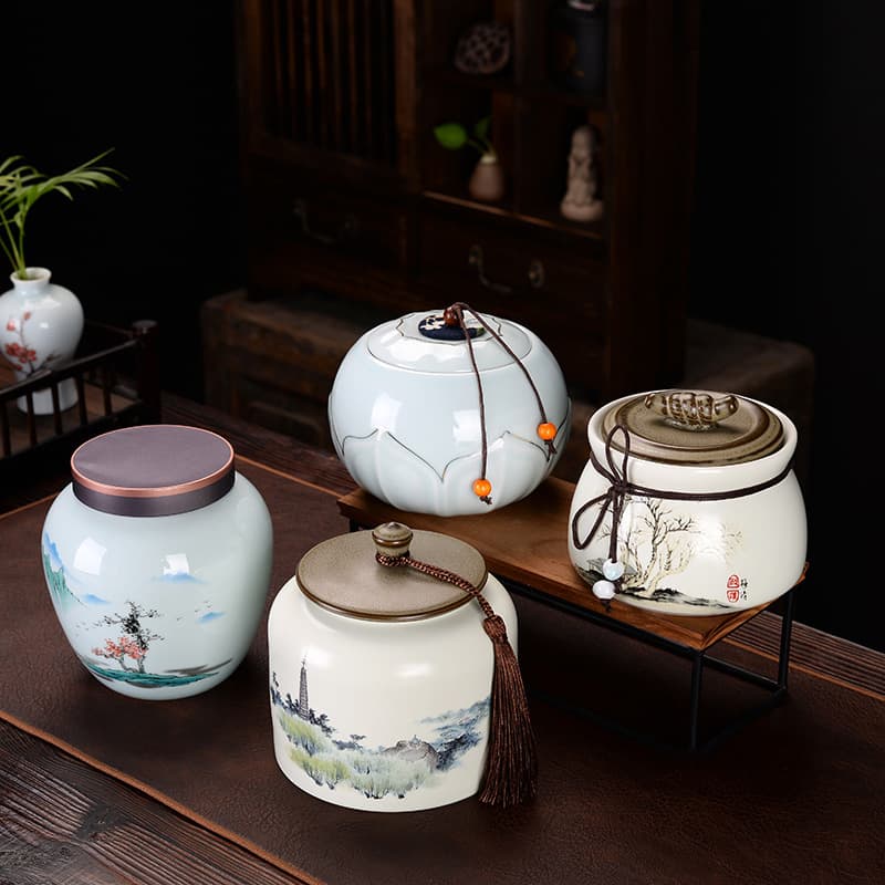 Ceramic Tea Sealed Container Packaging Large Half-Catty Storage Jar for Red/Green Tea, Longjing, Biluochun, Pu'er Household Wholesale