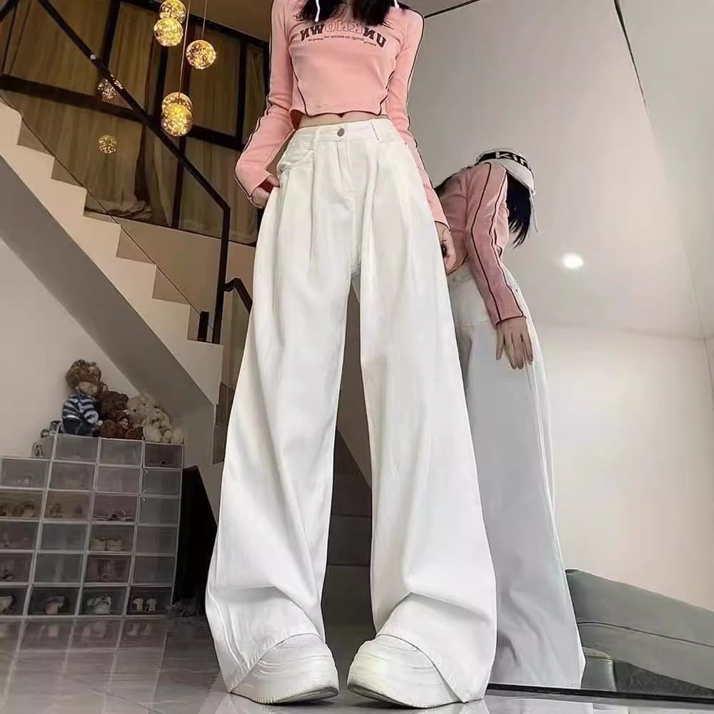 High Waist Wide Leg Denim Jeans Women's Loose Slim Straight Floor-Length Pants Folded White Spring New Style