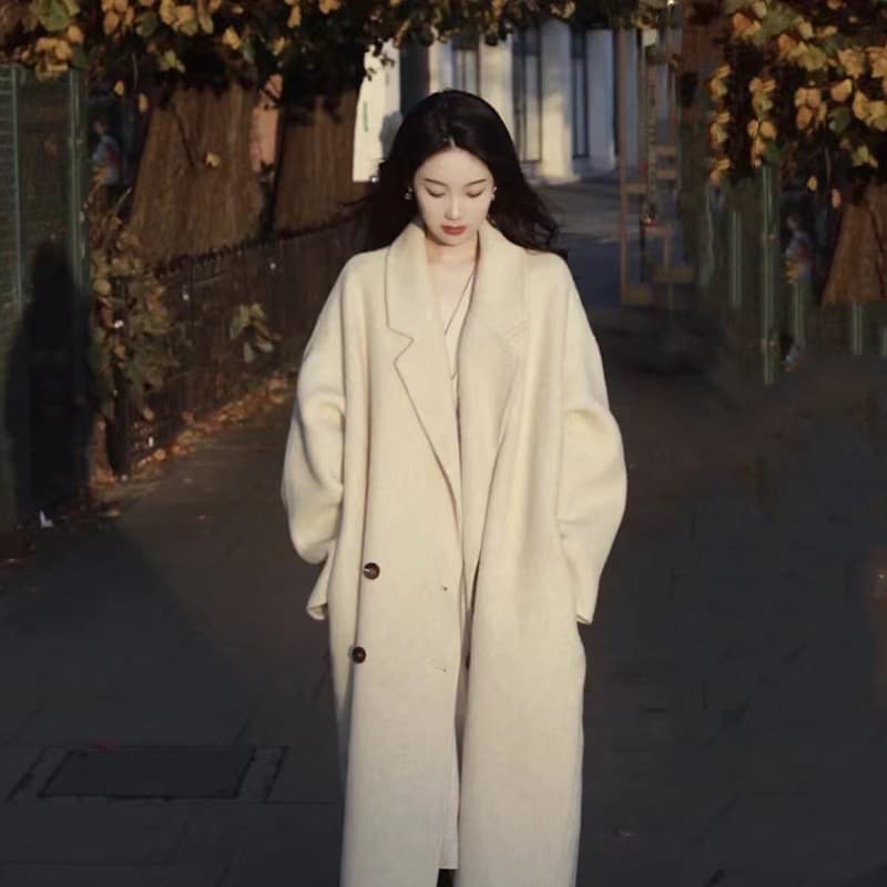 Double-sided Cashmere Coat Women Beige Long Sleeve High-end Mid-length Knee-length Solid Color Korean Style Wool Autumn/Winter Coat