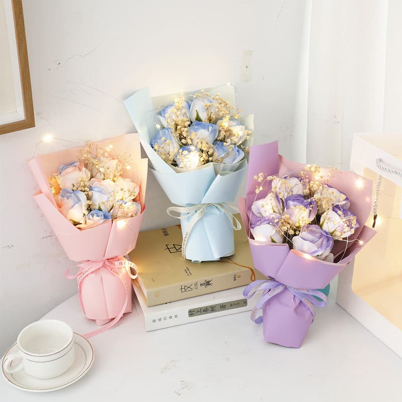 Qixi Festival Rose Soap Flower Broken Ice Blue Hand-tied Bouquet with Baby's Breath Dried Flowers, Teacher's Day Rose Preserved Flower