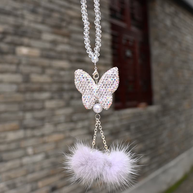 Butterfly Car Rearview Mirror Hanging Ornament Creative Car Charm with Mink Fur Ball and Crystal