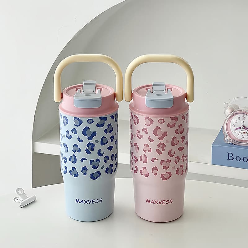 New Pink Leopard Print Insulated Tumbler Portable Handheld Cold-Retaining Ice Master Cup High-Appearance Summer Straw Cup for Women