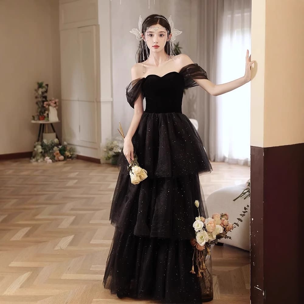 Black One-Shoulder Evening Gown for Women, Banquet Hosting, Light Luxury Princess Dress for Students, Birthday, Adult Ceremony, Art Exam Gown