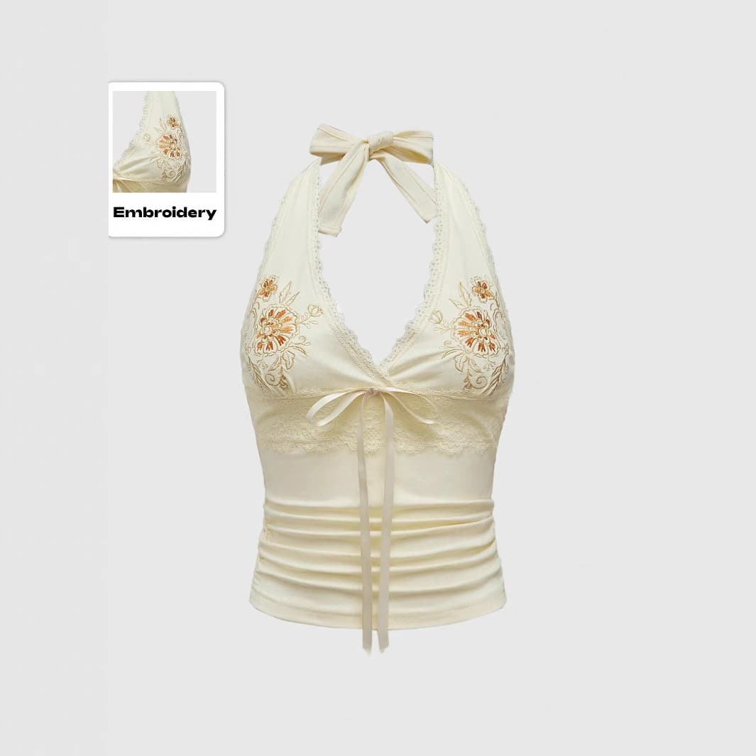 Sexy Floral Embroidery Lace Patchwork Tie-back Vest Halterneck Slimming Camisole