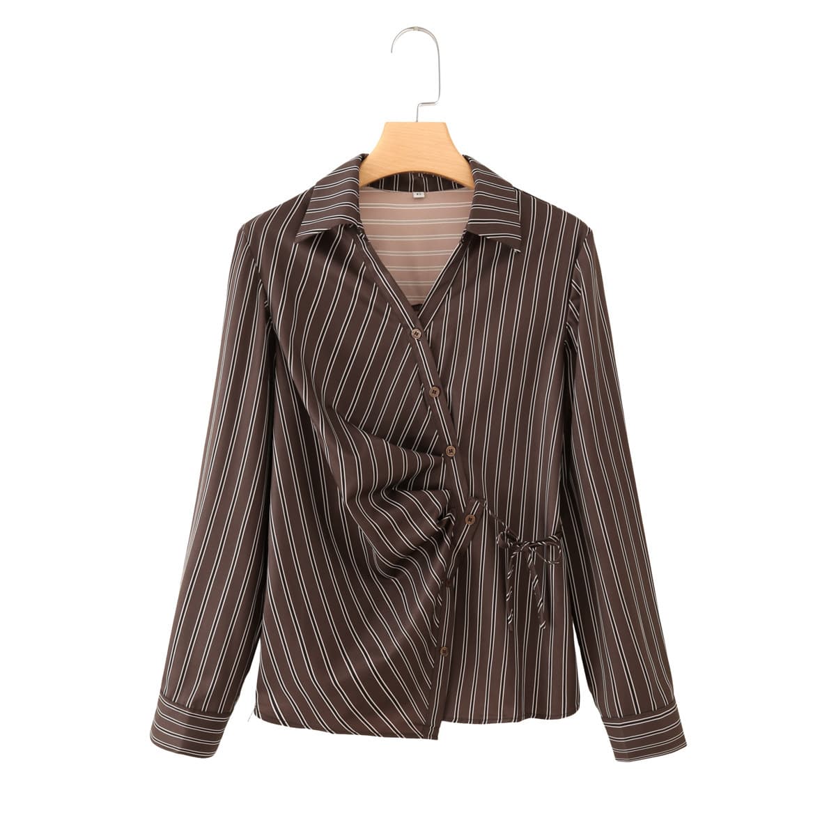 TAOP&ZA Women's 2026 Summer New Arrival Diagonal Button Design Waist Drawstring Pleated V-Neck Long-Sleeve Blouse