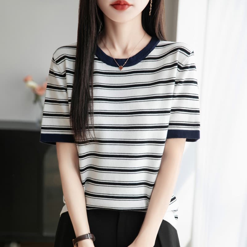Spring/Summer New 100% Cotton Yarn Round Neck Knitted Short Sleeve Color Block Stripe Loose Base Layer T-Shirt Top
