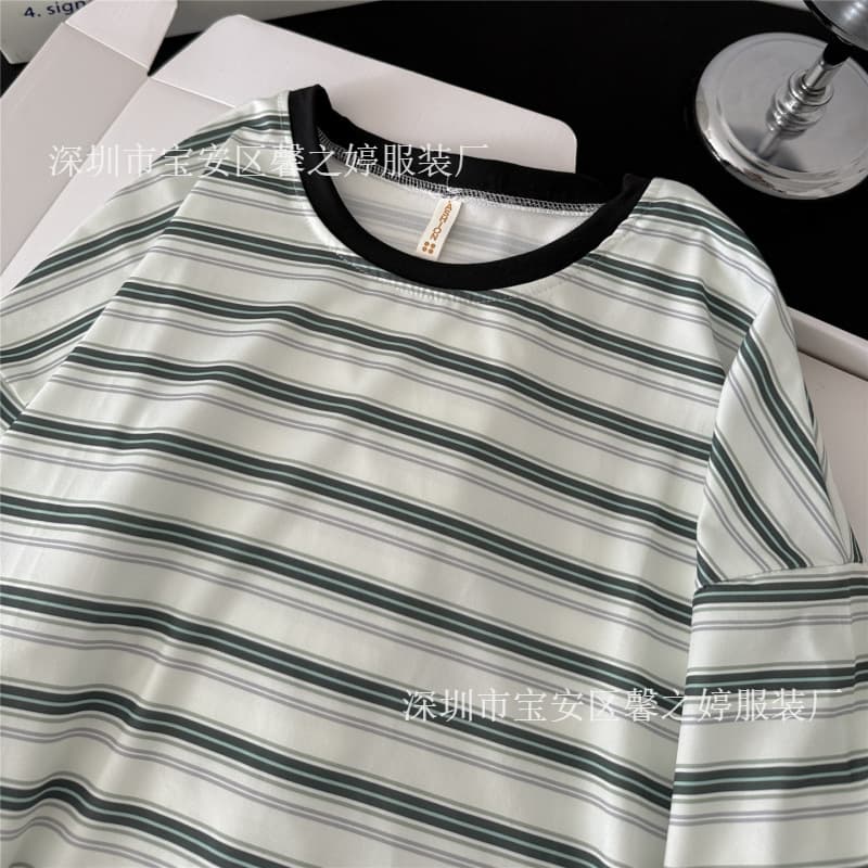 Summer pajamas for women, short-sleeved shorts, trousers, three-piece set, striped casual loose, new style home clothes for men and women, imitation cotton