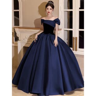 Annual Meeting Host Evening Gown High-end Light Luxury Blue Student Art Exam Singing Performance Dress Elegant Celebrity One-shoulder