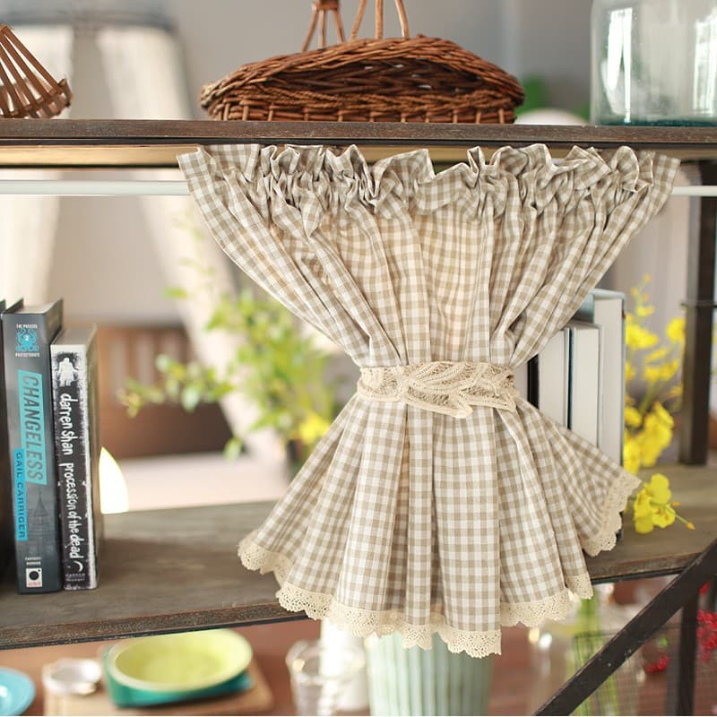 Nordic American Style Linen Cotton Small Plaid Light Coffee Grid Cabinet Door Curtain Small Curtain Half Curtain Coffee Curtain Export Curtain Half Length Curtain