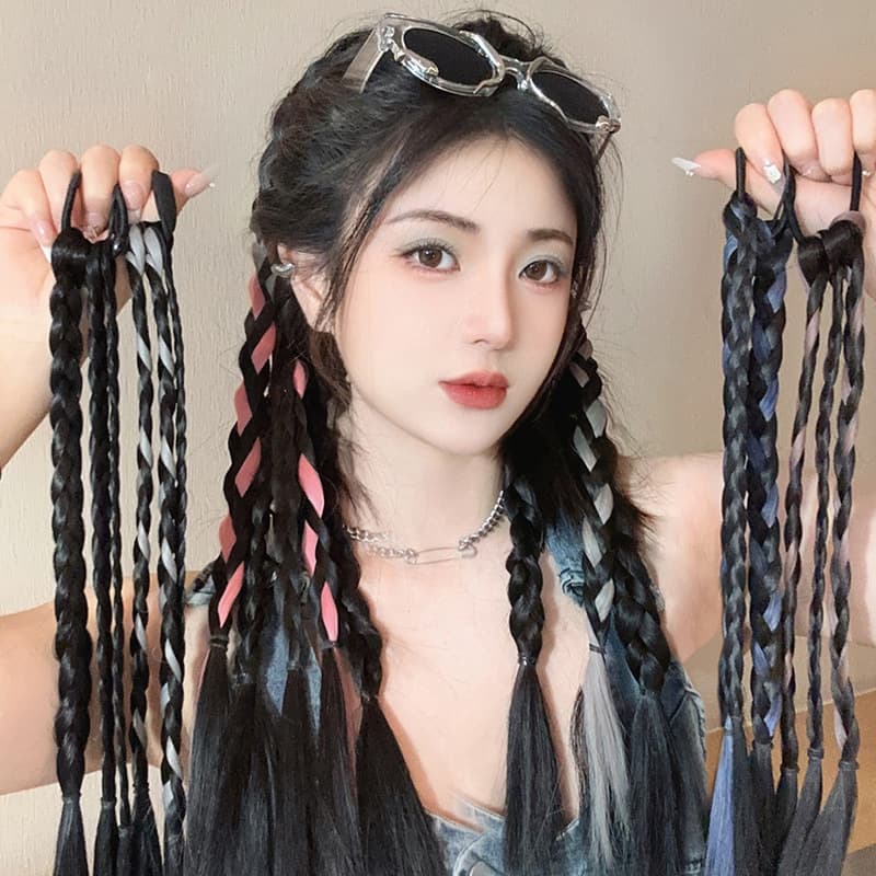 Boxing Braids Ponytail for Women in Summer, Four-Strand Twist Dreadlocks, Boxing Braids for Hot Girls, Sweet and Cool Highlights, Colorful Braids