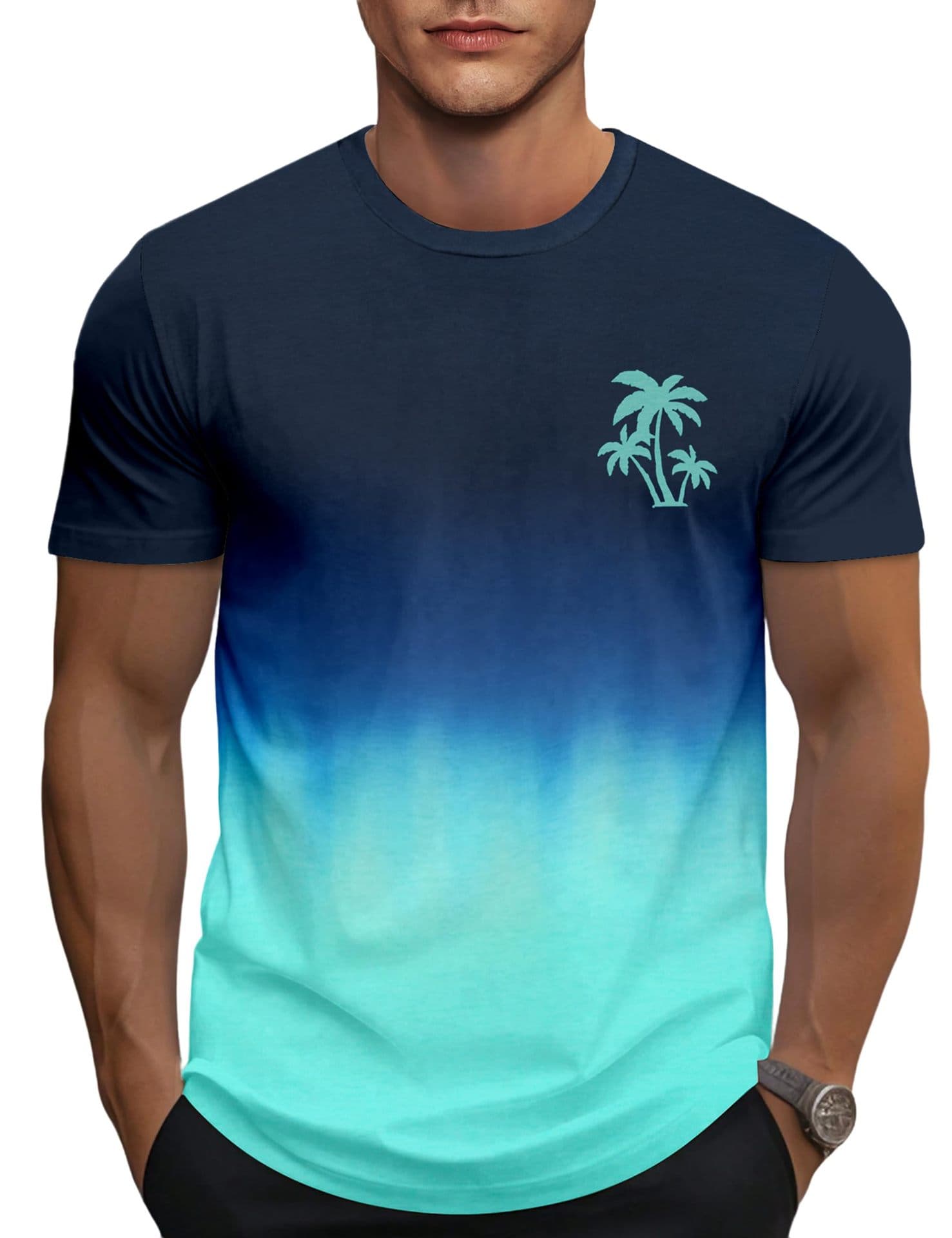 Amazon New Men's Clothing, Men's Drop Shoulder Solid Color Top, Sports Casual Coconut Tree Print Short Sleeve T-Shirt