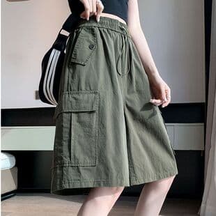 Cotton Washed Cargo Pants for Women Summer 2026 Versatile Fashion Elastic Waist Slimming Loose Plus Size Casual Bermuda Shorts
