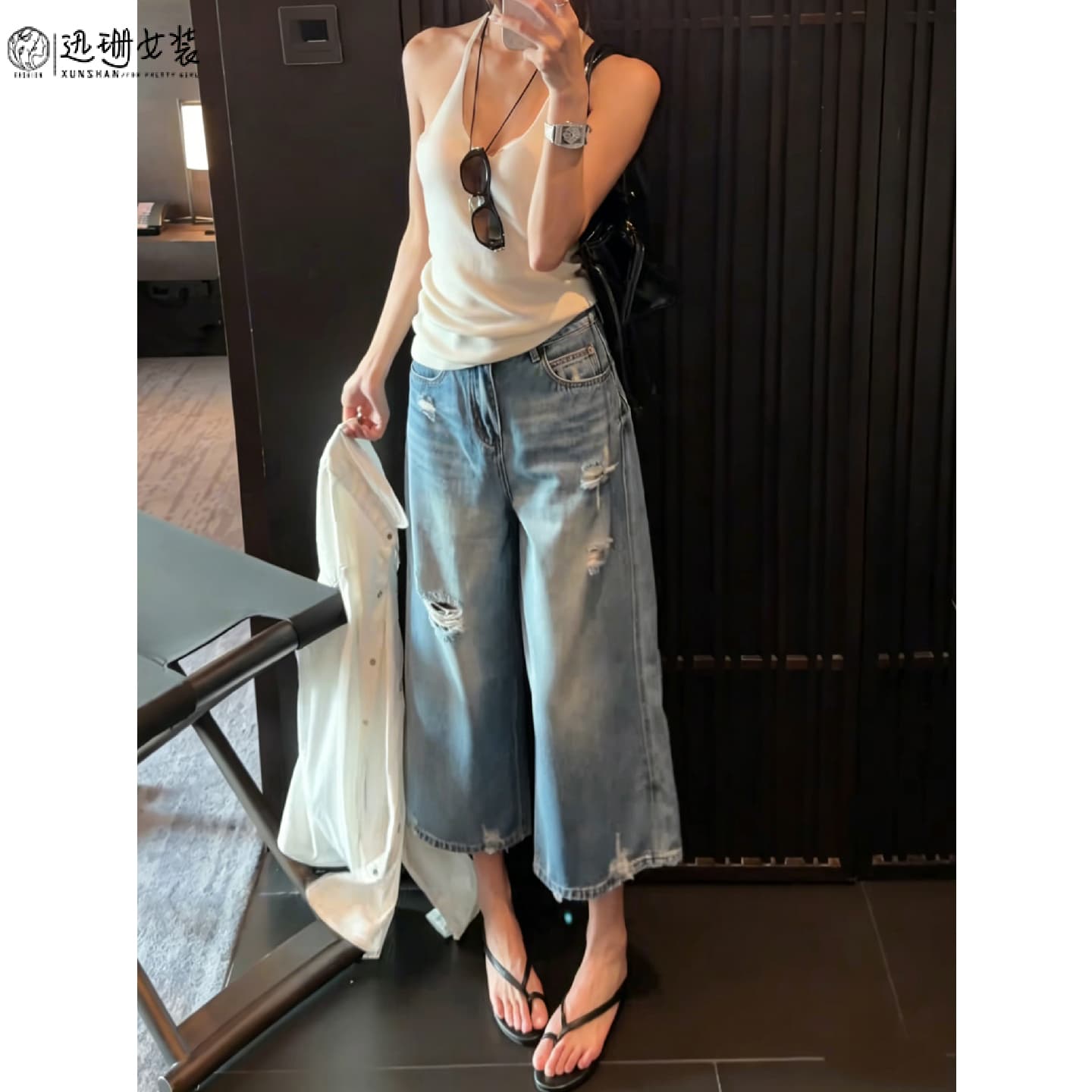 Vintage Ripped Jeans for Women 2026 Summer Lightweight Plus Size High-Waist Slimming Cropped Straight Wide-Leg Pants