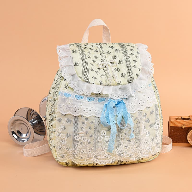 New Fashion Versatile Original Handmade Floral Lace Patchwork Pleated Bow Backpack Cloth Bag for Women
