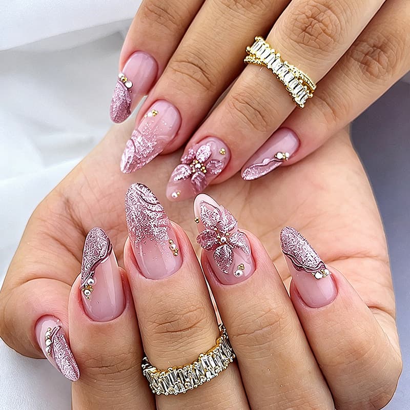 Cross-Border Hot-Selling Drop Almond 3D Gold Liquid Nails 3D Rhinestone Epoxy Fake Nails European and American Hot-Selling Press-On Nails
