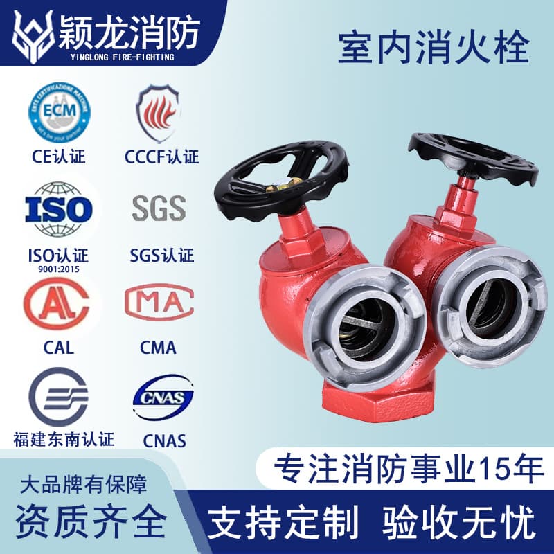Yinglong Fire CCCF certified SNSS65 dual-valve, dual-outlet indoor fire hydrant with double switches.