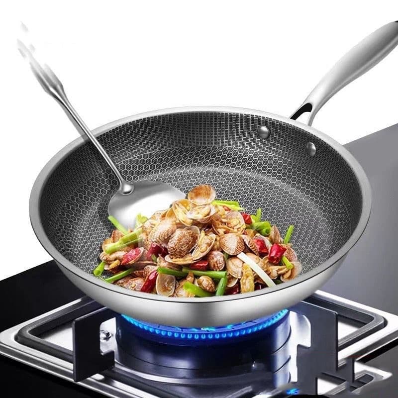 Cross-Border Stainless Steel Wok Home Non-Stick Pan, No Coating Flat Bottom Frying Pan Induction Cooktop Compatible Griddle