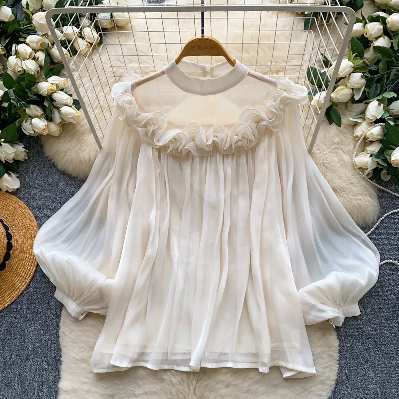 Korean Commute Style Skin-Friendly Breathable Ruffle Shirt Women's Summer Long Sleeve Mesh Loose Pink Youth Top