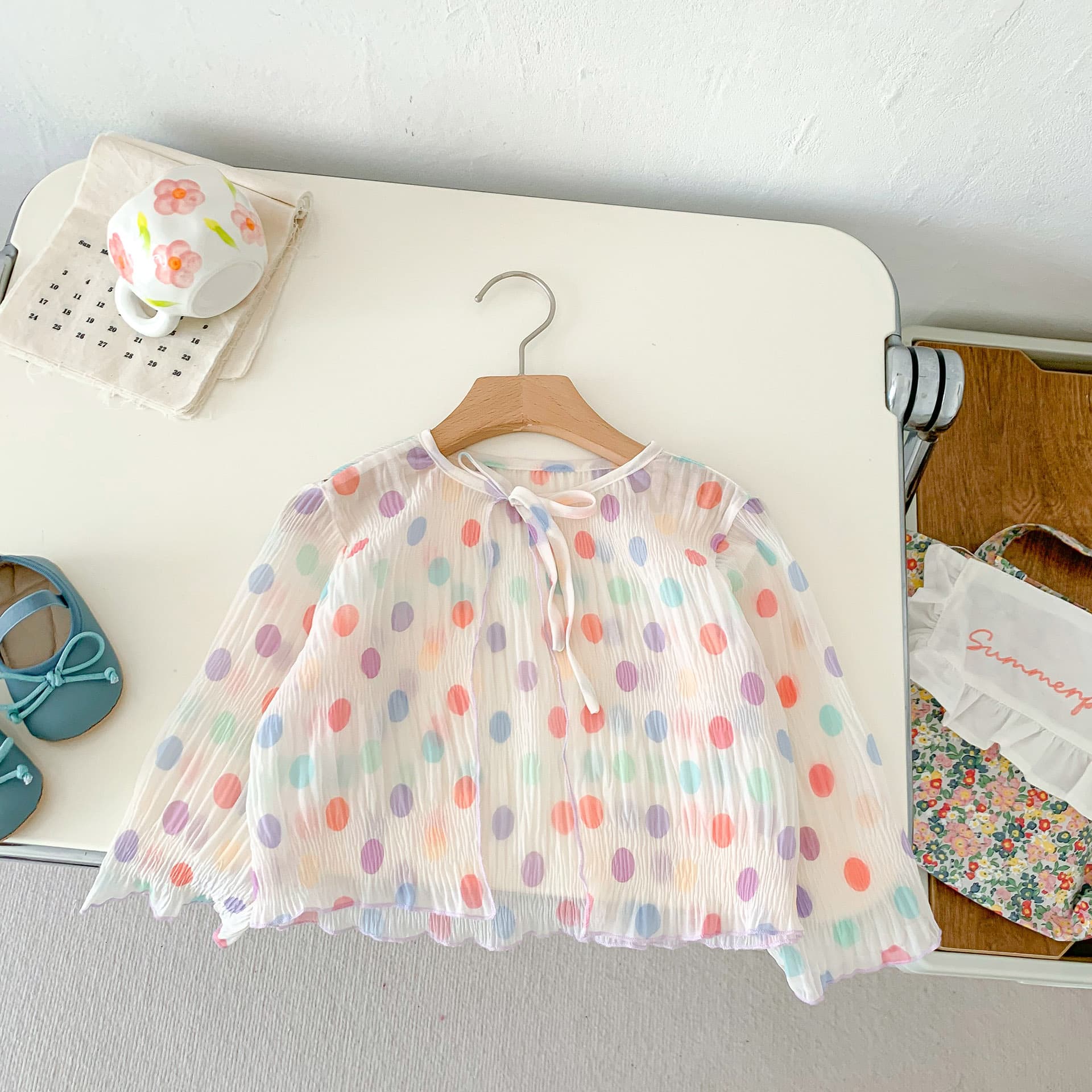 Korean children's clothing 2024 summer clothing children's sun protection clothing girls lightweight rainbow polka dot coat baby girl lace-up cardigan