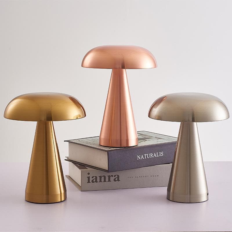 Chrome Mushroom Metal Night Light, LED Red Mushroom Desk Lamp with Three-Color Dimming, Study Bar Ambient Desk Lamp