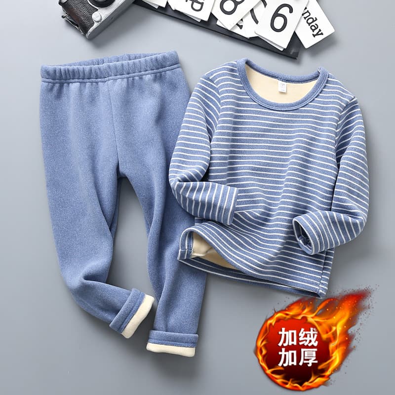 Children Thickened Fleece Lined Underwear Set Autumn Top Bottom Boys Girls Trendy Stripe Design
