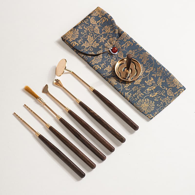 Alloy Incense Seal Press and Stamp Seven-Piece Set with Portable Case, Brush, Chopsticks, Spoon, and Mold