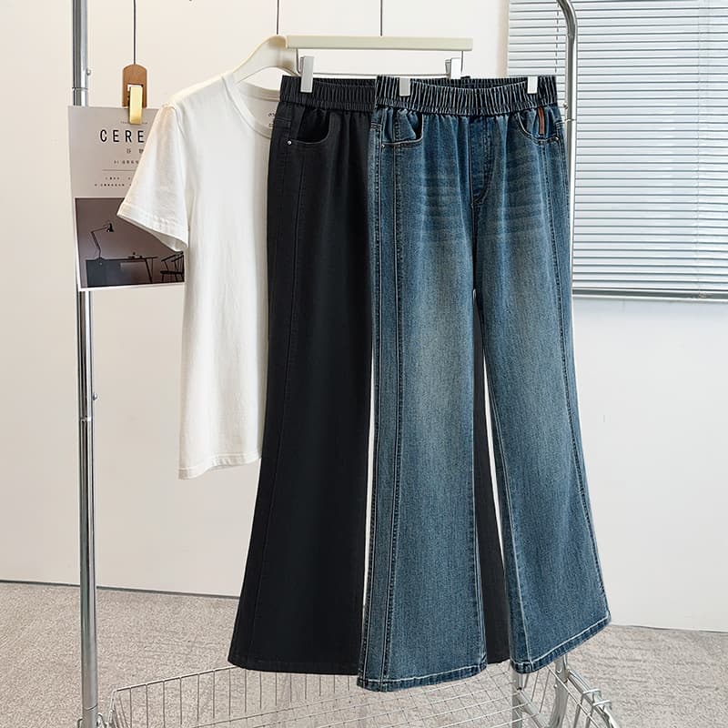 Early spring plus size 300 pounds loose casual high-waisted jeans for fat girls to cover the flesh and look slimming micro-flared trousers with high elasticity