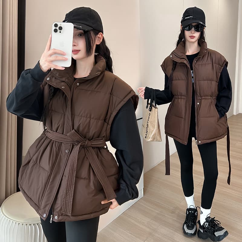 Down Cotton Vest Women 2025 New Autumn Winter Waist-Tied Stand Collar European American Style Sleeveless Jacket